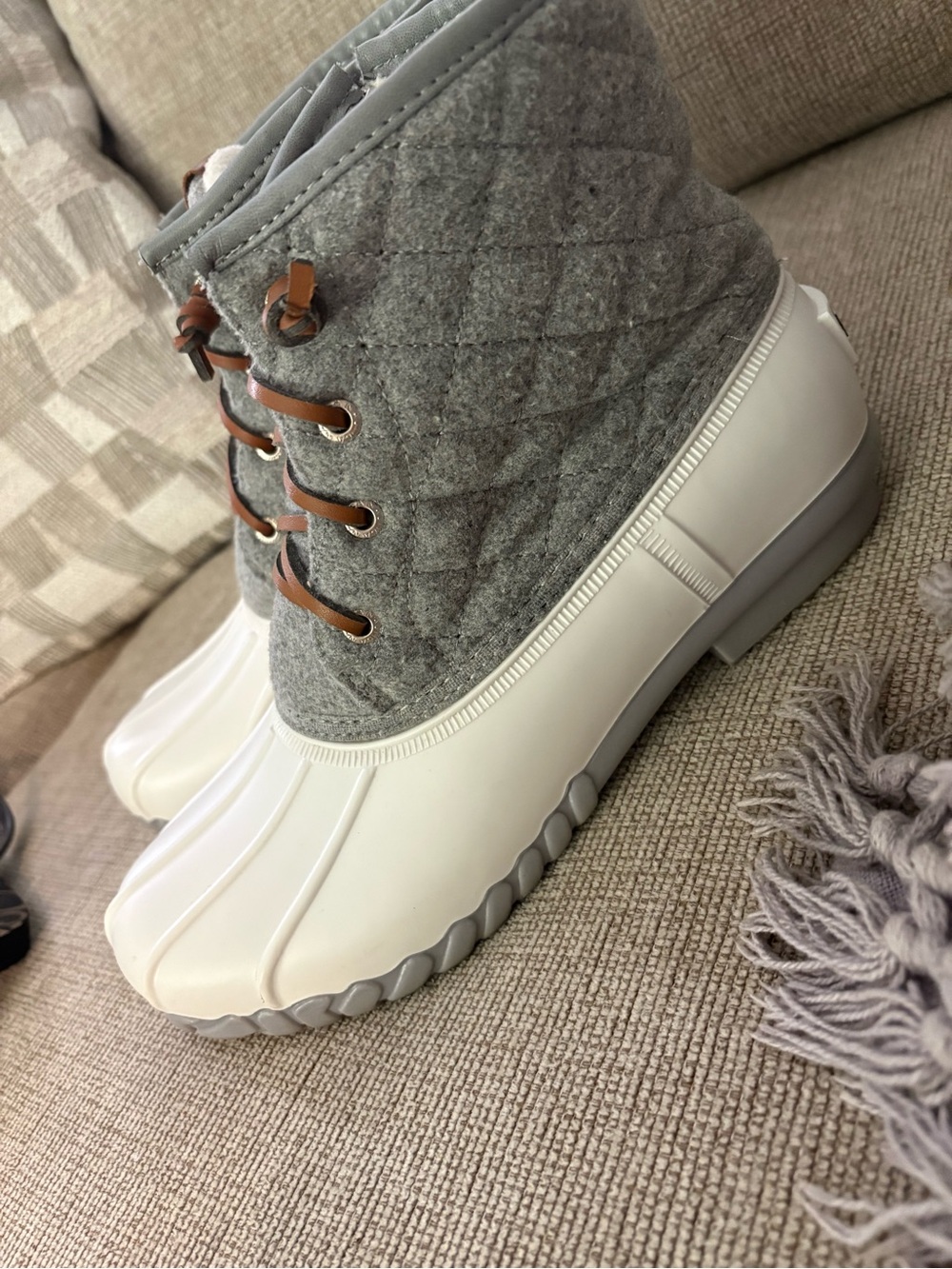 Nautica Gray Felt and White Rubber Duck Boots with Brown Accents - Picture 2 of 7